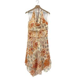 Kay Unger 100% Silk Halter Drape Layers Asymmetrical Hem Print Size 12